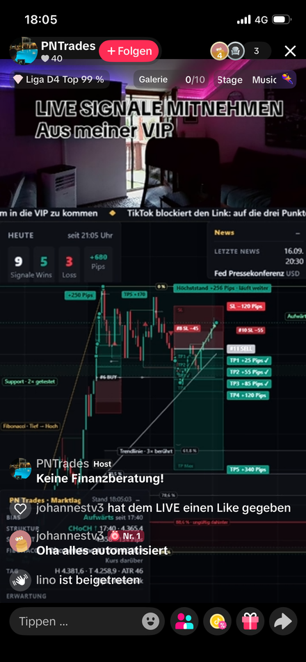 TikTok-LIVE von PNTrades mit echten Signal-Ergebnissen des Tages: 9 Signale, 5 Wins, 3 Loss, +680 Pips